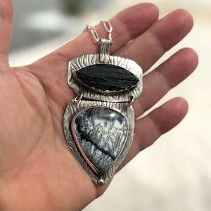 Black Tourmaline,  Dendritic Opal and Sterling Silver handmade pendant with sterling silver chain.