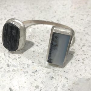 Black tourmaline, Dendritic agate and Sterling Silver Bracelet