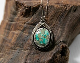 Sterling Silver Hubei Turquoise Pendant with Patina Chain