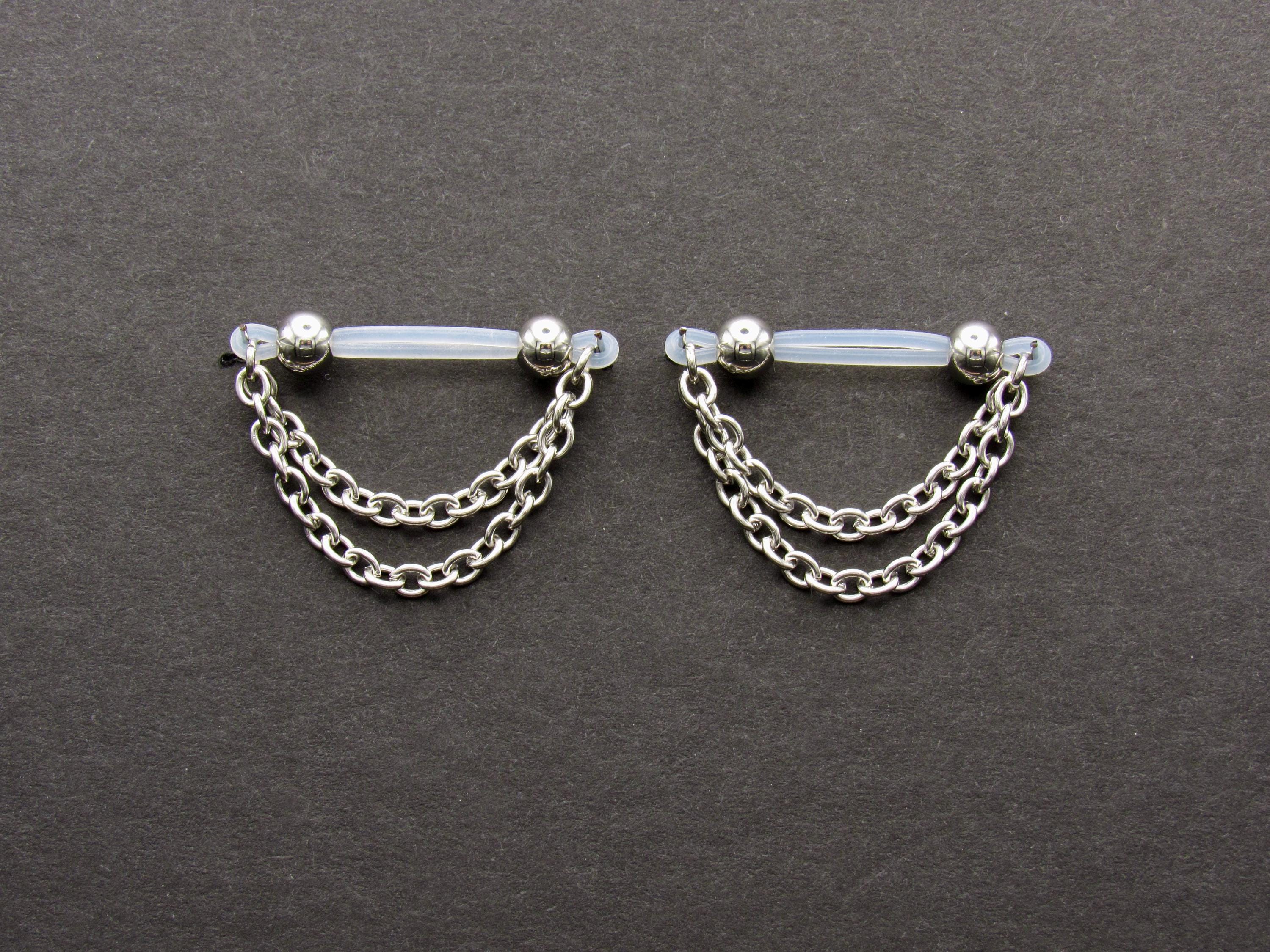 Pair of Fake Nipple Rings, All Stainless Steel Waterproof Faux Barbells & Chains, Women’s Adjustable Size Noose Jewelry, Cute Sexy Accessory