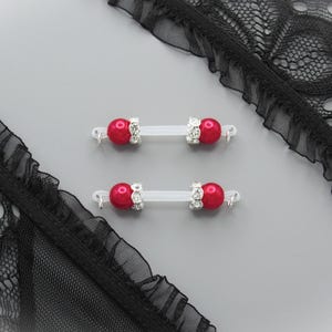 Pair of Fake Nipple Rings - Christmas Colors Large Faux Barbells, Womens Adjustable Nipple Noose Style Jewelry