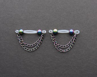 Pair of Fake Nipple Rings - Metallic Rainbow Hematite and Stainless Steel Chains - Adjustable - Nipple Nooses - Fake Barbell Piercings