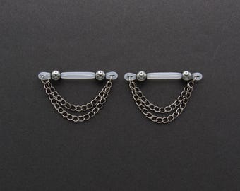 Pair of Fake Nipple Rings, Black Hematite and Chains Faux Barbells, Adjustable Fit Noose Style Fake Nipple Piercings, Women’s Sexy Accessory