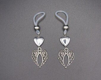 Angel Wing and Heart Charms Non Piercing Nipple Jewelry | Nipple Nooses - (Pair)