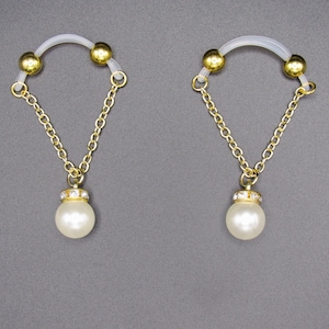 Pair of Fake Nipple Rings - Barbells with Faux Pearls and Rhinestone Rondelles - Adjustable Non Piercing Nipple Jewelry - Fake Piercings