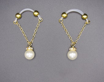 Fake Barbells with Faux Pearls and Rhinestone Rondelles - Adjustable Non Piercing Nipple Jewelry (Pair)