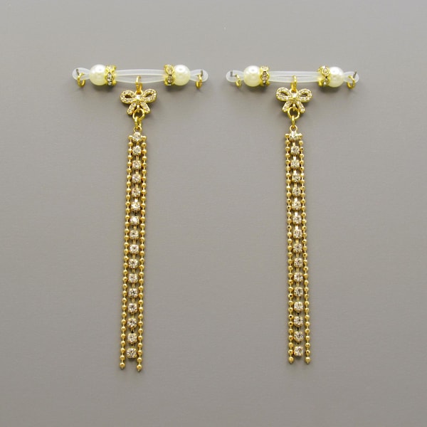 18K Gold Plated Nipple Tassels: Chains with Rhinestones and Bows, Womens Fake Nipple Rings with Tassels, Comfortable Adjustable and Reusable