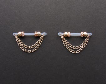 Pair of Fake Nipple Piercings with Chains, Adjustable Noose Style Breast Jewelry, Faux Barbell Nipple Rings, Comfortable Women’s Accessory