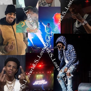 Może przedstawiać: Kolaż zdjęć przedstawiający młodego mężczyznę w różnych strojach i dodatkach. Zdjęcia obejmują zbliżenie twarzy mężczyzny, zdjęcie w pełnym rozmiarze w czarnej kurtce z sercem i kilka zdjęć z jego występów na scenie. Tekst "LostwridUS" pojawia się na całym kolażu.