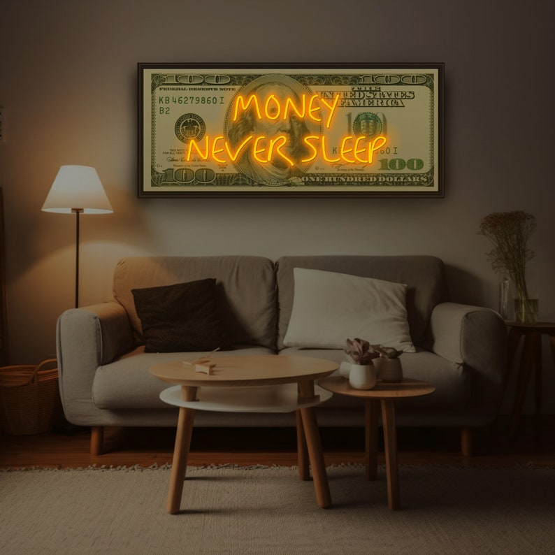 Dollar Neon Sign, Money Never Sleeps Neon, Print Art Decor, Dollar Neon