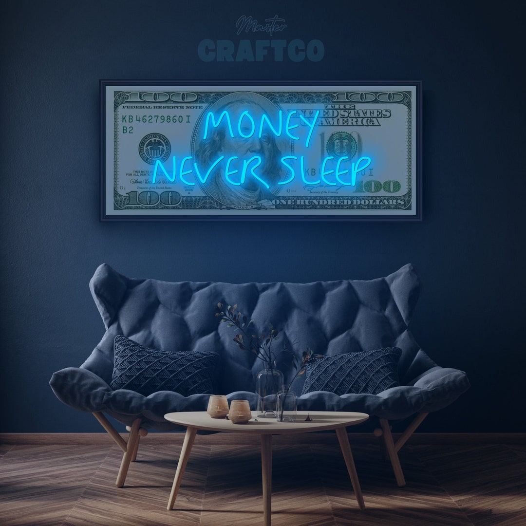 Dollar Neon Sign, Money Never Sleeps Neon, Print Art Decor, Dollar Neon