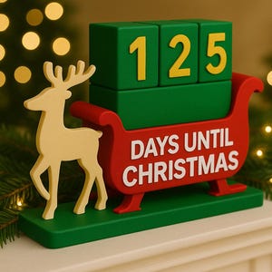 Christmas Countdown Sleigh with Reindeer – 3D Printed Holiday Decor | Days Until Christmas Blocks | Festive Countdown Calendar