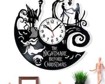 Reloj de pared de vinilo · Diseño inspirado en festividades espeluznantes · Reloj de cuarzo silencioso hecho a mano · Arte de pared gótico único para fanáticos de Halloween y Navidad