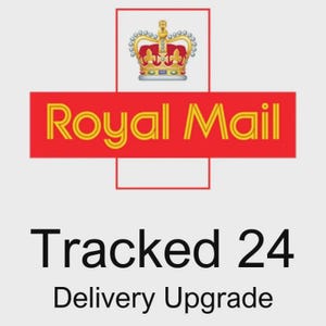 May include: Image of the Royal Mail logo, featuring a red rectangle with yellow text and a crown above. Below the logo, the text reads "Tracked 24 Delivery Upgrade" in black.