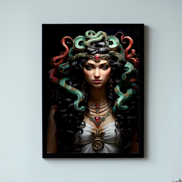 Poster with a beautiful girl with snakes in her hair./Women's poster/Girl with snakes in her hair/Fantasy painting/Abstract art.