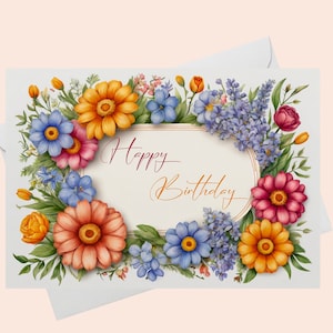 Cartão de Feliz Aniversário Floral Elegante/Download Digital Download/Cartão de Aniversário Elegante para Imprimir/Cartão de Feliz Aniversário para Imprimir/Cartão para Imprimir
