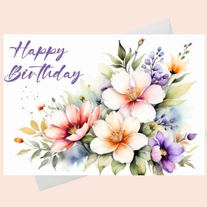 Carte d'anniversaire - avec de belles fleurs/numérique/carte d'anniversaire avec des fleurs lumineuses carte imprimable/joyeux anniversaire carte imprimable/imprimable