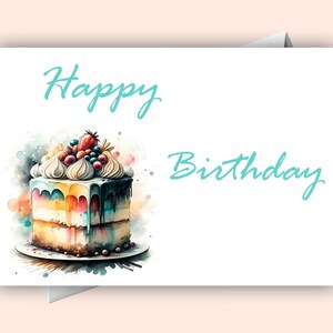 Cartão de felicitações digital de bolo de aquarela de feliz aniversário | Cartão de aniversário para impressão