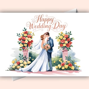 Novios bajo el arco nupcial: tarjeta digital de feliz día de boda para la pareja