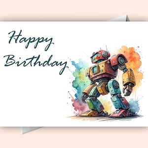 Watercolor Robot Happy Birthday Digital Card | Cute  Printable Greeting