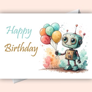 Aquarell Roboter Geburtstagskarte mit Luftballons | Digitale Grußkarte | Druckbare Geburtstag E-Karte