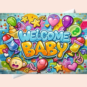 Cartão de boas-vindas urbano para bebê – Cartão de chá de bebê com grafite para impressão em PDF – Download instantâneo – Saudação neutra para recém-nascidos