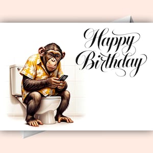 Cartão de aniversário digital engraçado de macaco no banheiro | Cartão de felicitações de quadrinhos hilários para download