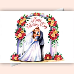 Digitale trouwkaart | Bruid en bruidegom onder huwelijksboog | Elegante directe download