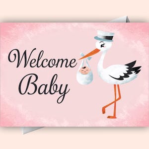 Une cigogne a apporté un bébé sur fond rose - Carte de voeux numérique de bienvenue pour bébé