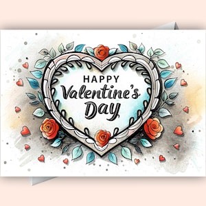 Tarjeta de felicitación digital con un hermoso corazón en acuarela para el día de San Valentín, descarga instantánea
