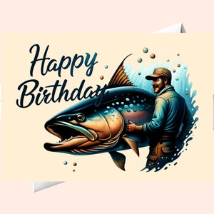 Tarjeta digital de feliz cumpleaños para pescador: pescador sosteniendo un pez grande