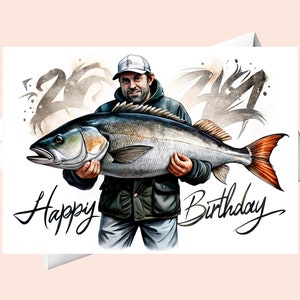 Pescatore che tiene in mano un grosso pesce/Pescatore/Compleanno del pescatore/Biglietto di auguri di buon compleanno/Biglietto di auguri.