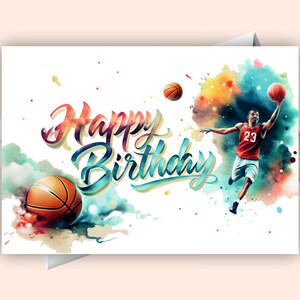 Cartão de aniversário de aquarela de jogador de basquete – Cartão de felicitações com tema esportivo digital