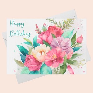 Cartão de feliz aniversário com aquarela floral/Download DIGITAL/Cartão de aniversário com lindas flores para impressão/Cartão de aniversário para impressão