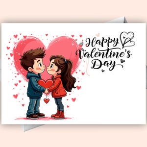 Happy Valentine's Day Digital Card - süßes Mädchen und Junge mit Herz, romantische E-Card für Verliebte