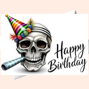 Cartão de Feliz Aniversário Digital com Caveira em Chapéu de Festa - Cartão de Aniversário Divertido e Único