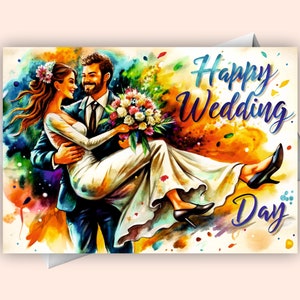 Le marié tenant une carte de mariage pour la mariée - Message d'accueil numérique pour le jour du mariage des jeunes mariés