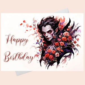 Cartão de Feliz Aniversário - Vampiro com Flores / Cartão de Aniversário para Imprimir com Flores Brilhantes e Vampiro / Cartão de Feliz Aniversário para Imprimir.