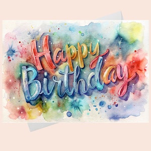 Cartão de Feliz Aniversário - Estilo Aquarela/Cartão Aquarela/Cartão de Aniversário Digital/Cartão de Feliz Aniversário Aquarela para Imprimir