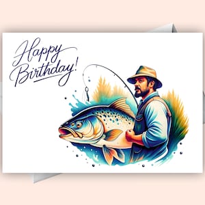 Cartão de aniversário digital Fisherman & Big Fish - Feliz aniversário | Saudação com tema de pesca