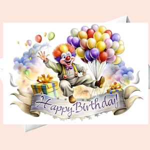 Cartão de aniversário de palhaço divertido com balões/Download DIGITAL/Cartão de aniversário para impressão com lindos balões/Cartão de aniversário para impressão/Cartão de aniversário