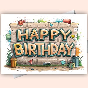 Cartão digital de feliz aniversário com grafite - saudação de aniversário para impressão de arte urbana de rua