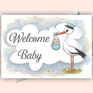 Carte de bienvenue de bébé – Faire-part de naissance numérique Cigogne avec bébé | Carte de voeux pour nouveau-né