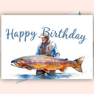 d'anniversaire de pêcheur tenant un gros poisson | Carte de voeux numérique sur le thème de la pêche.