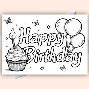 Feliz Aniversário Cupcake com Balões Cartão Digital Colorir Página | Saudação Digital