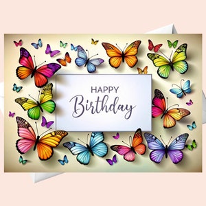 3D-vlinders Happy Birthday Card/Afdrukbare verjaardagskaart/Afdrukbare verjaardagskaart met vlinders.