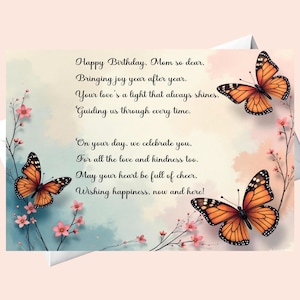 Druckbare Mom Gedichte Karte - Aquarell Schmetterlinge, Sofortiger Download PDF für Muttertag & Geburtstag, 5×7″ DIY Grußbild