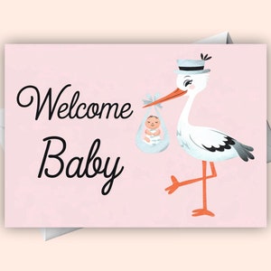 Digitale kaart ooievaar met baby: pasgeboren babygroet 'Welcome Baby' voor geboortekaartje