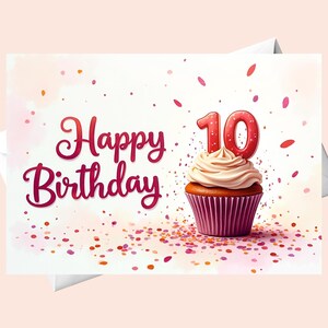 Cartão de feliz 10º aniversário - Design divertido de cupcake, perfeito para comemorar um dia especial