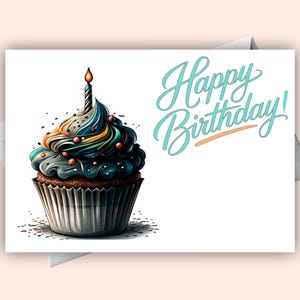 Happy Birthday Cupcake Digital Card | Cute Printable Birthday Greeting Instant Download